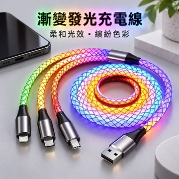 RGB漸變發光一拖三充電線｜Type-C／Lightning／Micro USB 三接頭 編織線 手機充電線