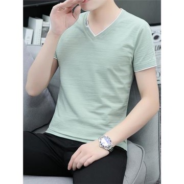 高品質夏季冰絲涼爽雞心領男士短袖瓜子領V領體恤純棉T恤男裝潮牌