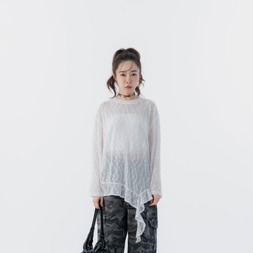 QUEENSHOP_S 女裝 長袖 蕾絲下擺透膚緹花長袖上衣 現+預 【01099755】