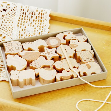 動物串珠 寶寶認知玩具 兒童櫸木木製穿繩玩具 早教益智木質積木 穿線玩具