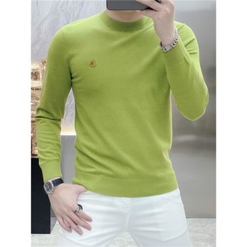 歐貨純色羊毛混紡長袖毛衣男T恤秋冬圓領打底針織衫休閑綠色衣服