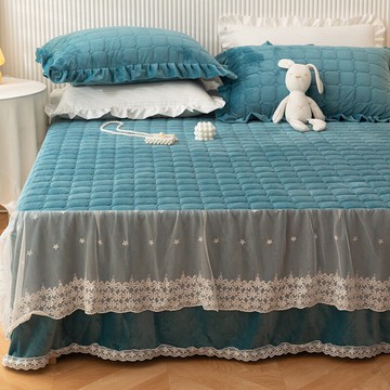 冬季保暖夾棉床裙三件套公主風純色床罩嬰兒絨蕾絲花邊床裙式