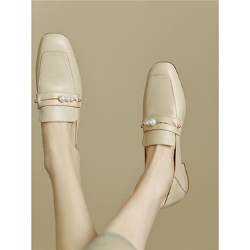 晚晚風~巨溫柔~巨好看~珍珠低跟一腳蹬樂福鞋女2023真皮通勤單鞋