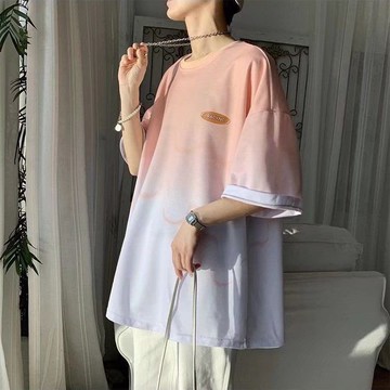 漸變夏季短袖T恤男潮牌ins超火港風衣服潮流百搭國潮五分半袖體恤