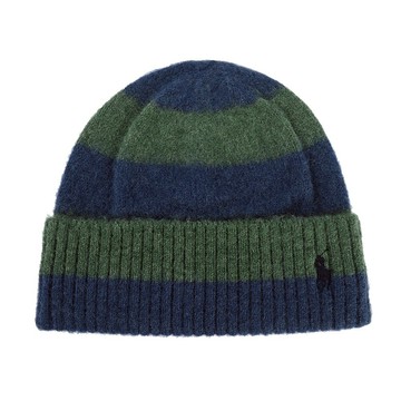 POLO Ralph Lauren小馬拼色條紋美麗諾羊毛針織毛帽(海軍藍/綠色)780973-405｜GoBrand