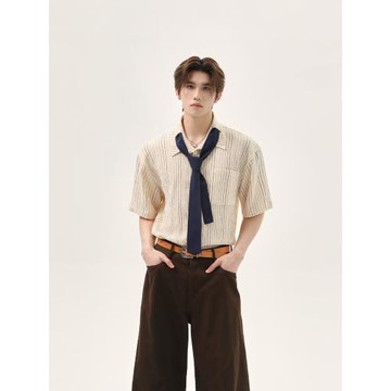 TURNTIDE美式復古豎條紋肌理感短袖襯衫領帶設計cleanfit休閑夏裝