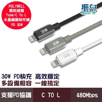 POLYWELL 寶利威爾 Type-C TO L 30W 水晶編織快充線 透明外殼 充電線 傳輸線 適用手機平板充電