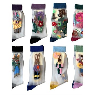 socksappeal韓國超薄透明涼感玻璃絲中筒潮襪文藝花卉卡通女絲襪Z