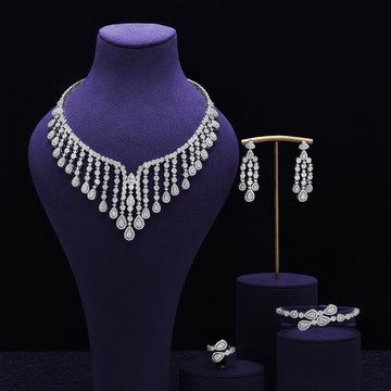高端新娘結婚V領婚紗晚宴會禮服配飾品奢華鋯石項鏈耳環四件套裝