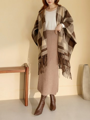 仿貂毛直紋開衩腰鬆緊長裙