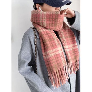 粉色復古格子圍巾女冬季仿羊絨2025新款高級感保暖加厚圍脖百搭潮