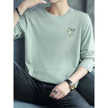 純棉t恤男長袖圓領上衣服潮流ins秋季小衫內搭打底衫印花全棉秋衣