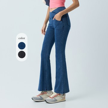 元動力 棉質四面彈針織牛仔喇叭褲(兩色；S-L)