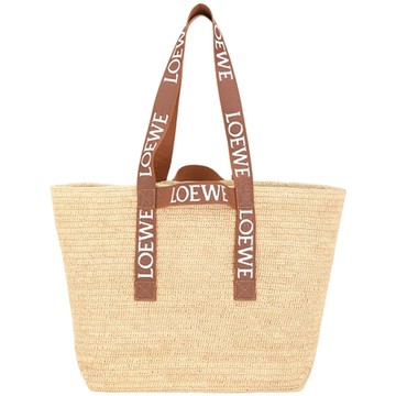 LOEWE 羅威 Fold 酒椰編織字母織帶托特包 草編包(自然色x棕褐)