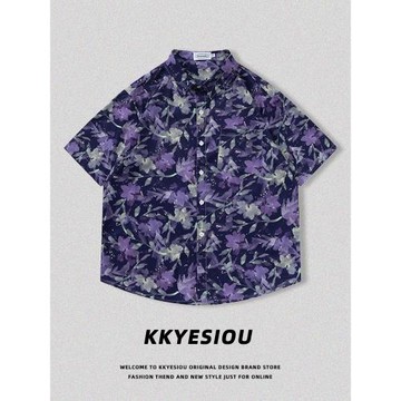 KKyesiou美式潮牌設計感碎花紫色短袖襯衫男女復古嘻哈情侶bf外套