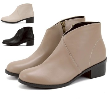 【白鳥麗子】粗跟靴 MIT韓系V口素面皮革短靴 店長推薦