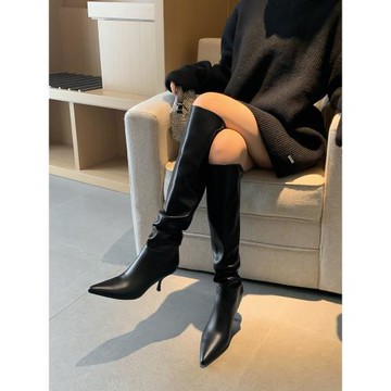 白色長筒靴女歐美風尖頭高跟褶皺堆堆靴性感細跟過膝靴子高筒長靴