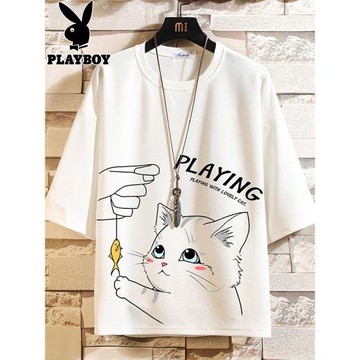 花花公子男士短袖卡通印花T恤2025新款夏季半袖青少年寬松上衣潮