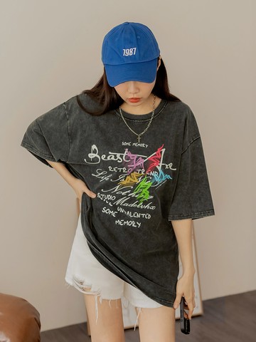 水洗純棉率性文字印花短袖上衣