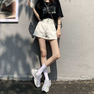 韓版高腰寬鬆顯瘦捲邊牛仔短褲【P199】