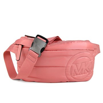 MICHAEL KORS RAE 日落玫瑰粉色绗縫大圓標LOGO防潑水尼龍輕量腰胸兩用包