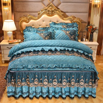 天鵝絨床裙四件套秋冬保暖加厚夾棉床罩4件短毛絨 可脫卸床套被套