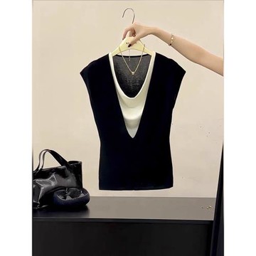 歐貨設計感百搭黑色假兩件上衣日常休閑無袖冰絲針織背心薄款夏季