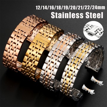 實心不銹鋼錶帶 12 14 16 18 19 20 21 22 24mm 扁平彎曲末端 7 珠通用金屬錶帶蝴蝶扣