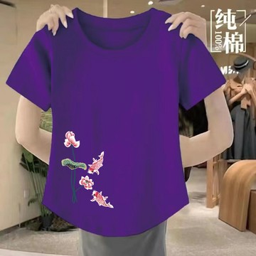 純棉短袖T恤女|圓弧下擺上衣|氣質名媛上衣|遮肉印花T恤衫|修身短袖|圓領T恤|常規上衣|媽媽裝大碼|大碼女裝|阿嬤衣服