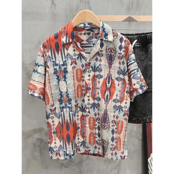 復古民族風冰絲垂感古巴領短袖襯衫男裝夏季休閑寬松透氣免燙襯衣