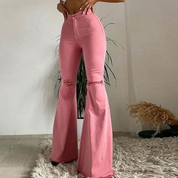 Perforated elastic denim pants歐美提臀破洞喇叭褲彈力牛仔褲