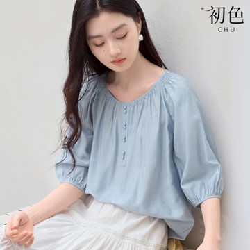 初色 法式純色簡約收皺圓領五分袖燈籠袖寬鬆襯衫上衣女上衣-淺藍色-12368(M-2XL可選)