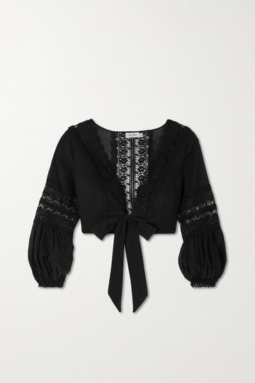 Charo Ruiz - Vania Cropped Tie-front Guipure Lace-trimmed Cotton-blend Voile Wrap Top - Black - medium