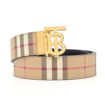 BURBERRY 金字TB LOGO經典格紋拼接皮革雙面用男士皮帶(卡其)