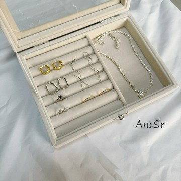 An:Sr—「質感絨布 首飾盒 飾品收納」大容量 飾品盒 收納盒 米白 法式 質感 防塵I0002
