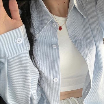 藍白撞色慵懶風條紋襯衫女夏季寬松韓系長袖疊穿襯衣防曬薄款外套