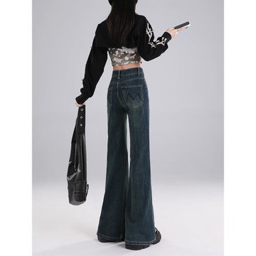 不貼腿高腰闊腿寬松微喇叭牛仔褲女2025冬新款加絨美式高街直筒褲