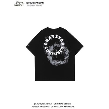 美式街頭煙圈字母印花短袖T恤男女嘻哈oversize潮流半袖體恤衫tee