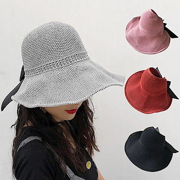 幸福揚邑 蝴蝶結空頂可捲收防曬抗UV大帽檐遮陽帽(灰、粉、磚紅、黑)