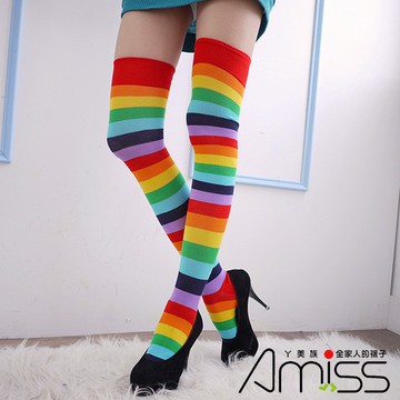 【Amiss】棉質彩虹大腿襪 彩虹長襪 彩虹條紋大腿襪(A421-5)