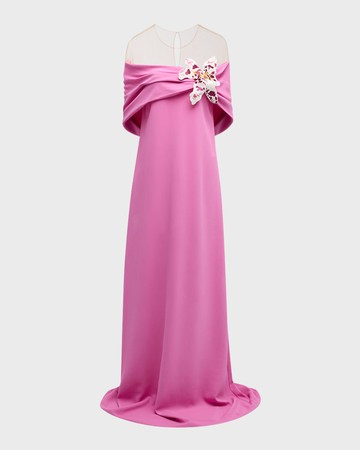 Watercolor Orchid Off-The-Shoulder Illusion Caftan Gown
