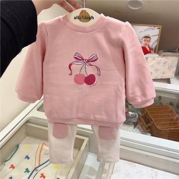 韓國童裝 25春新款女寶洋氣粉色櫻桃印花長袖衛衣補丁打底褲套裝