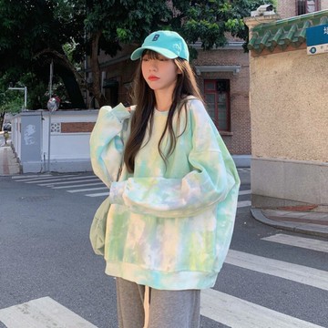 高級感學生扎染加絨加厚衛衣女秋冬小個子慵懶風外套寬松圓領上衣