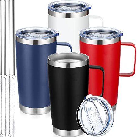 特別価格4 Pcs 20 oz Tumbler Mug with Lid and Straw, Insulated Travel Coffee Mug with Handle, Double Wall Vacuum Travel Mug Stainless Steel Sub並行輸入