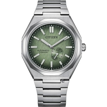 CITIZEN Zenshin 60 超級鈦小秒針自動上鍊機械錶 男錶-40.5mm煙燻抹茶綠 NK5020-58X