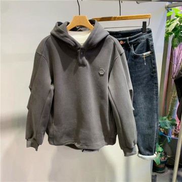 秋冬新款寬松廓形帽衫加絨衛衣美式潮牌設計感簡約連帽外套休閑男