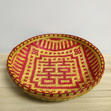 竹編婚慶結婚篩子裝飾布置用紅雙喜字糖果針線圓簸箕竹匾竹籃喜盤