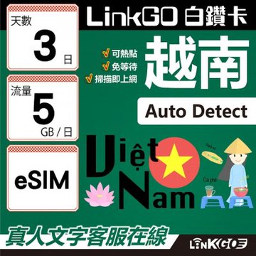 LinkGO白鑽卡 越南 eSIM卡 3天上網卡 每日5GB 高速流量(越南網卡 下龍灣 峴港 胡志明市)