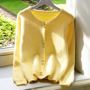黃色溫柔風圓領毛衣外套女寬松外穿秋季新款日系短款顯瘦針織開衫