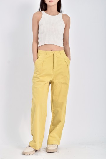 (S) queenshop高腰質感棉質純棉素面芥末黃色長褲
